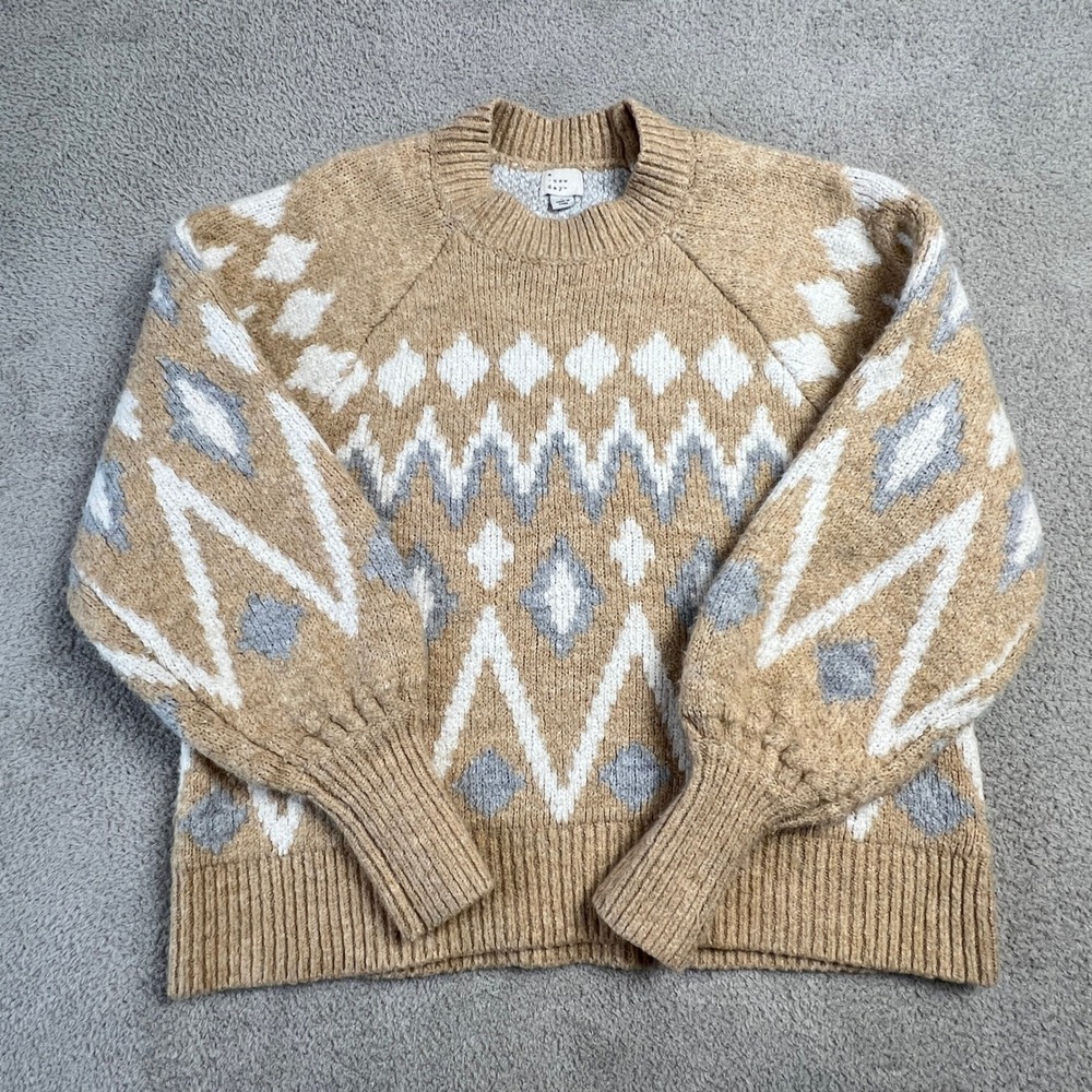 Fair Isle‎ Sweater Womens Small Beige Gray Cozy Knit Nordic Pattern Pullover